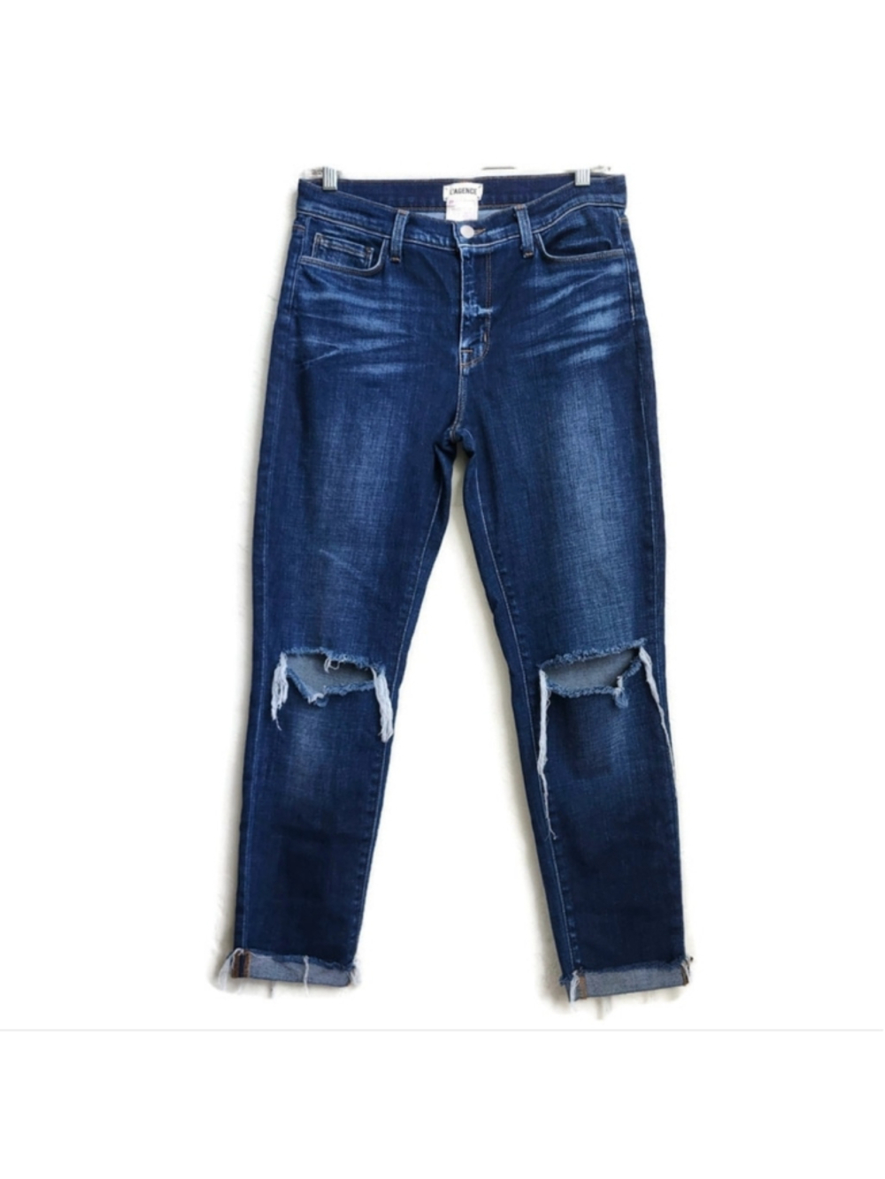 L'Agence Rachel Dark Wash High-Rise Diamond Destruct Cuffed Raw Hem Crop Jeans